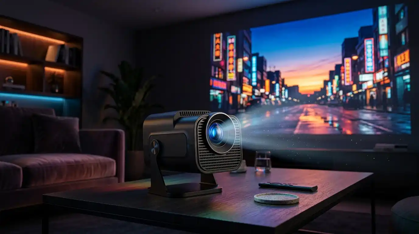 Mini Smart Projector projecting cinema on wall
